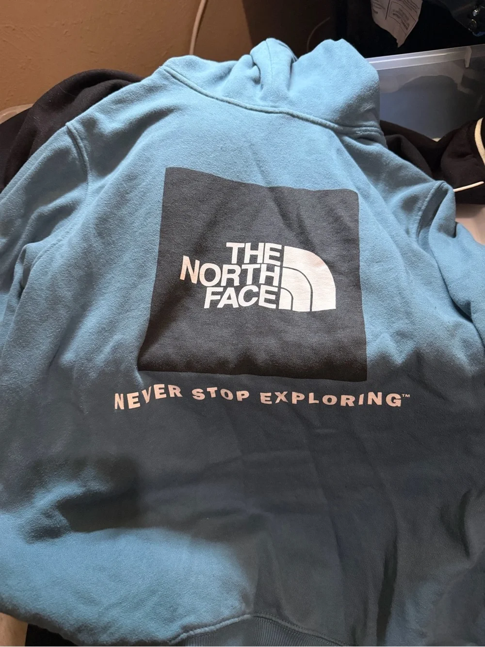 The North Face Teal Hoodie with Black Logo and White Text